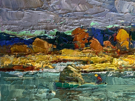 Image 1 of Original Oil Painting Autumn River Landscape Above the evening silence by the river