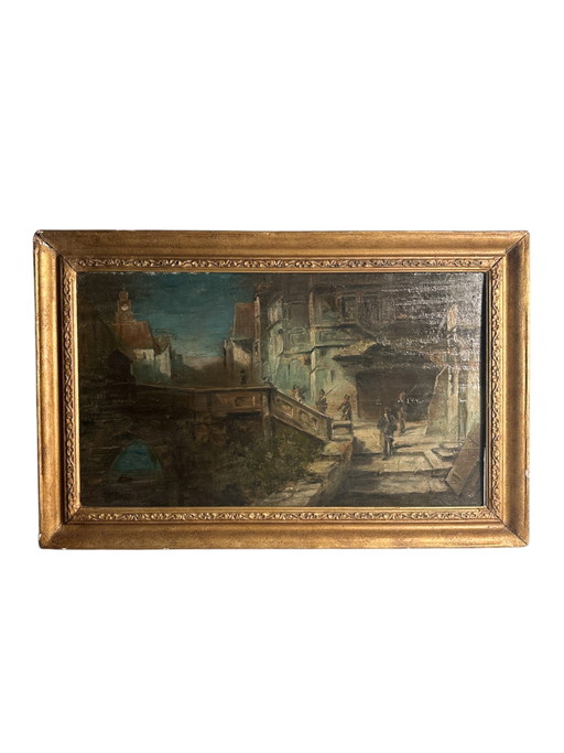 Oil Painting on Board of Soldiers in an Urban Landscape Late 1800s – schilderijen tekeningen