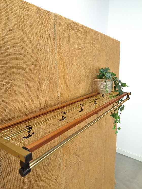 Image 1 of Coat Stand Habo From Sweden Gold Color With Teak And Shelf No. 2
