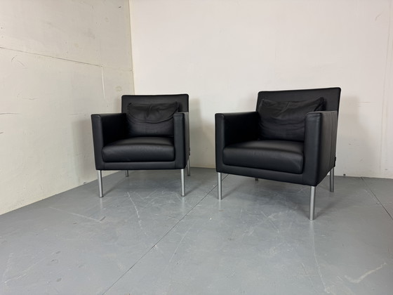 Image 1 of  Modernist German Black Leather and Steel Lounge Chairs from Walter Knoll / Wilhelm Knoll, 2000s, Set of 2