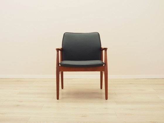 Fauteuil lounge de Grete Jalk, cadre en teck massif, revêtement en cuir noir, Danemark, années 1970 – Bois (photo 2 of 15)