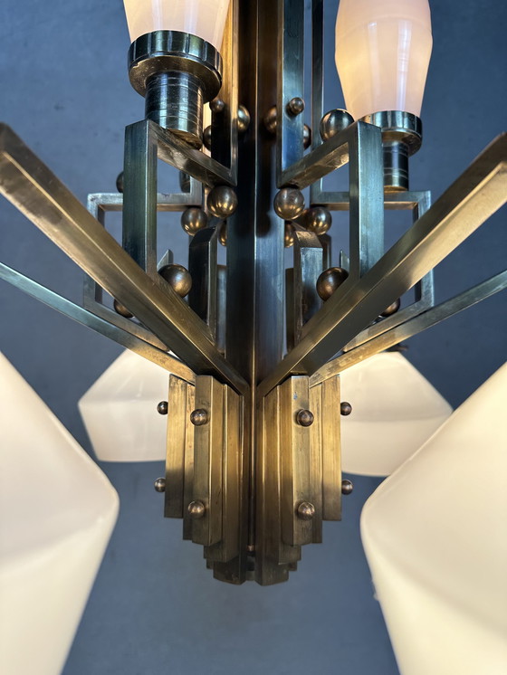 Image 1 of Art Deco chandelier - opaline and brass