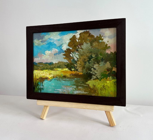 Original Oil Painting Summer River Landscape River along the willow