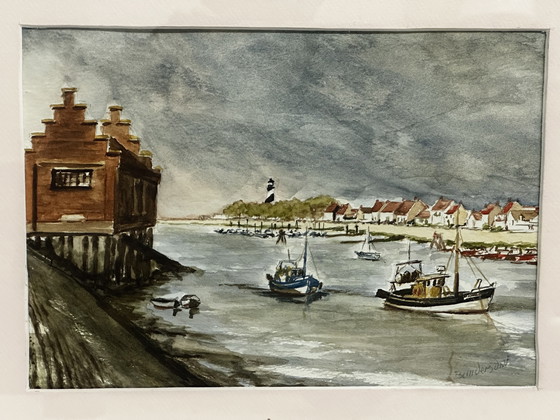 Image 1 of Pierre Baudemont - Aquarel Zeegezicht - Zicht op een haven