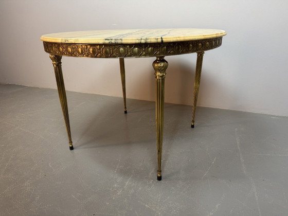 Image 1 of Mid-Century Stylish Marble Centre Table with Beautifully Decorated Brass Frame and Legs Attributed to Maison Jansen. France,1950