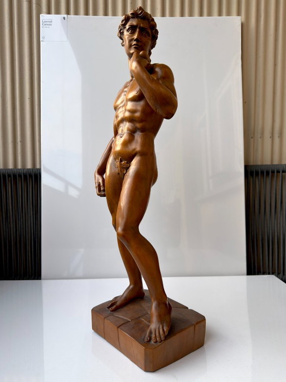 Michelangelo David Sculture in Legno Intagliate a Mano 65 cm Statua Vintage Foglia di Fico (photo 10 of 23)