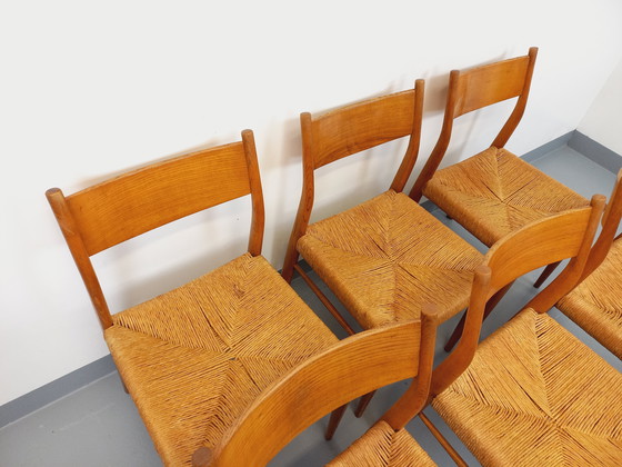 Image 1 of Suite de 6 chaises vintage italiennes en teck et corde danoise Gessef Consorzio Sedie Friuli