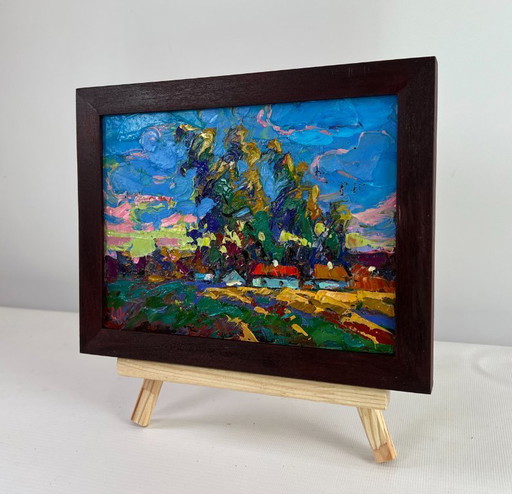 Original Oil Painting Summer Village Landscape When the day fades into evening