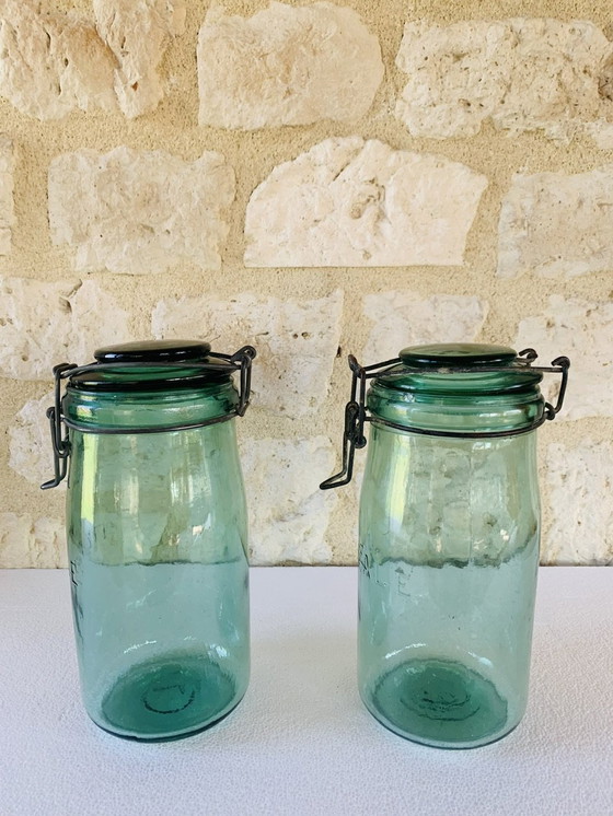 Image 1 of Vintage Franse potten in smaragdgroen glas van L'Ideale, jaren 1940, set van 2