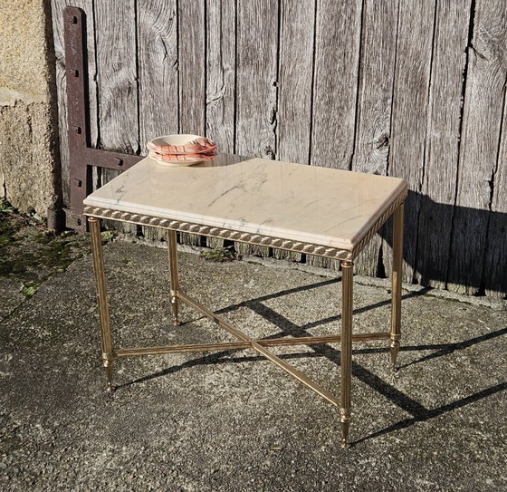 Image 1 of French Vintage Marble and Brass Coffee Table-Cocktail Table-Side Table - Hollywood Regency Style-70s