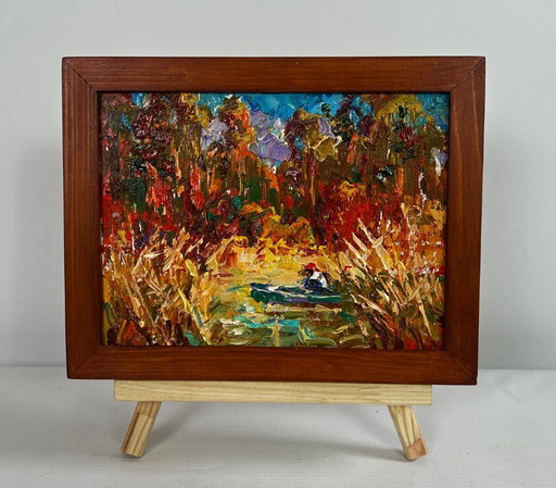 Original Oil Painting Autumn Forest Landscape There is a lake on the outskirts