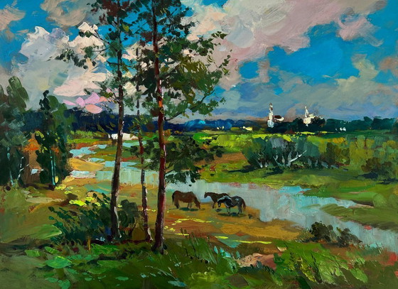 Image 1 of Original Oil Painting Summer Field Landscape Horses by the river