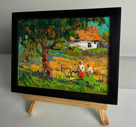 Image 1 of Peinture à l'huile originale représentant un paysage de campagne, un jardin et une maison en vacances d'été à la campagne