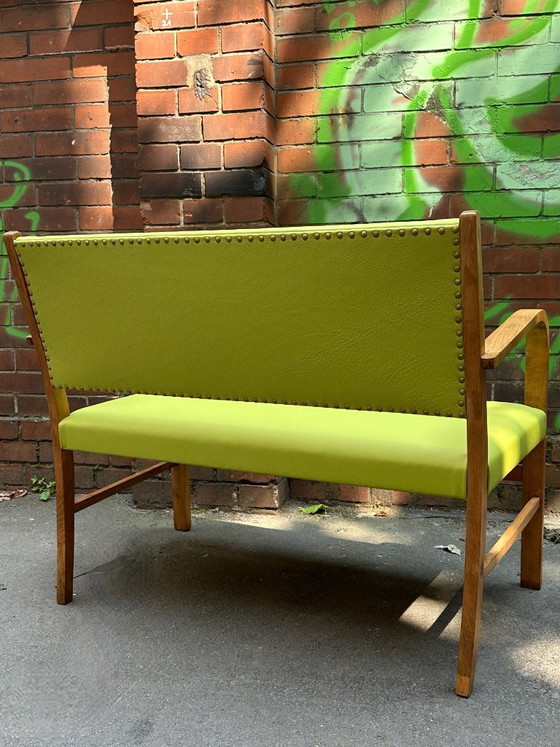 Panca vintage in legno di faggio | Vera pelle verde pistacchio e madreperla – Panche, Wood, Leather (photo 10 of 10)