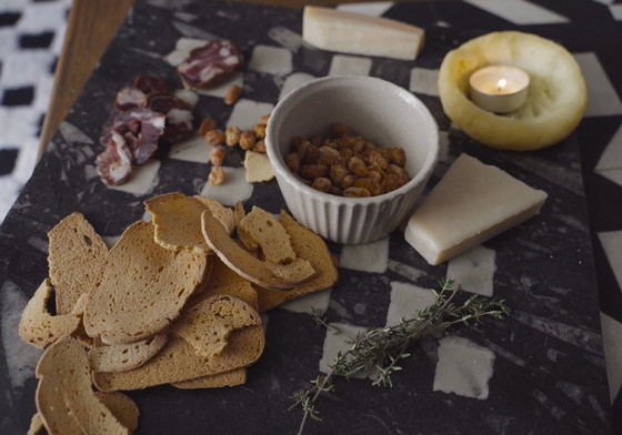 Image 1 of Handpainted Fossil Marble Chess Board, Vintage 1970s Cheese Charcuterie Tray, Black White Checkered Orthoceras Decor Gift