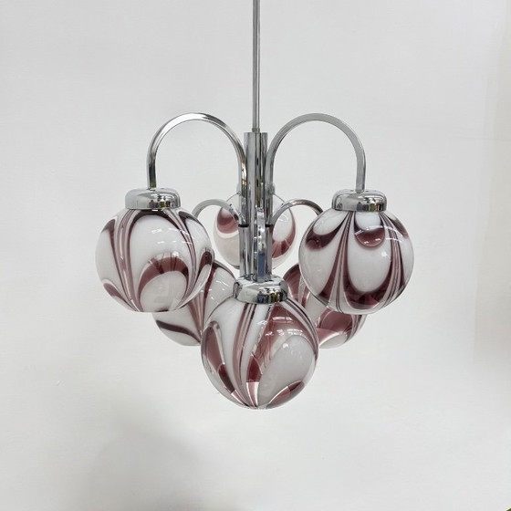 Image 1 of XL Italian purple and white murano glass swirl chandelier , 1970s