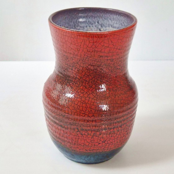 Image 1 of Vintage Accolay Crackle Glaze Ceramic Vase, Red & Blue, 1960s, Signed Accolay, 60s