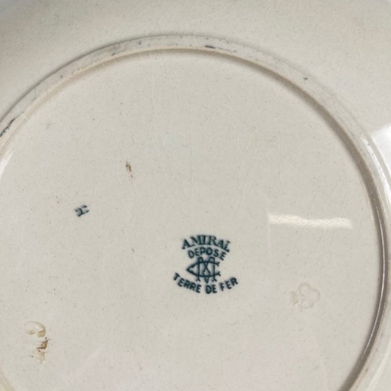 Image 1 of Set van 8 "Admiral" dessertborden van ijzersteen, Creil & Montereau, groenblauw, eind 19e eeuw