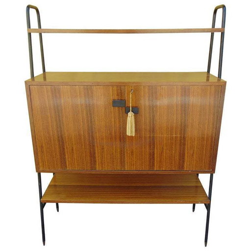 Scaffale italiano Mid-Century in legno e metallo nero, anni '50