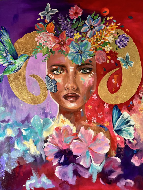 Image 1 of Original mixed media painting on canvas 80x80 – “Feiticeira” (signed) – colorful portrait with flowers & hummingbird