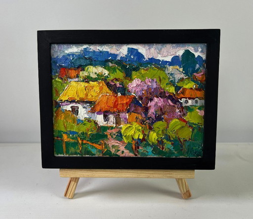Original Oil Painting Summer Village Landscape Time stops in the green light