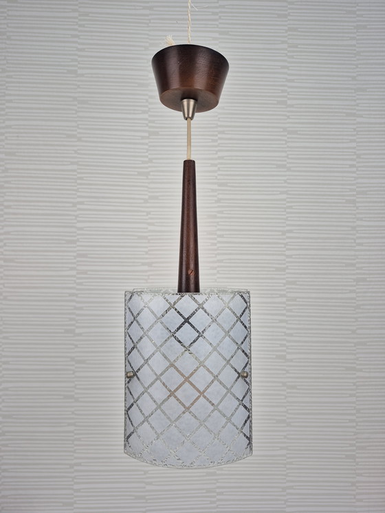 Image 1 of Mid-century pendant lamp in teak and embossed glass. Vintage lamp.