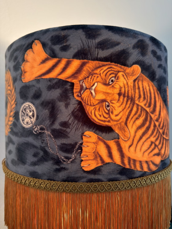 Image 1 of Lampada a forma di ghepardo in ceramica fatta a mano con paralume in velluto