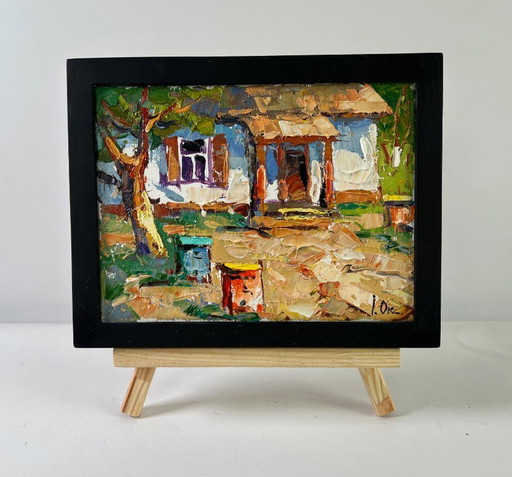 Original Oil Painting Summer Village Landscape Apiary in the yard