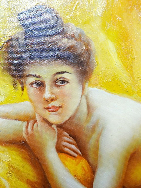 Image 1 of Oil on canvas "Nude with Cushion" "The Lazy Woman" after Daniel Hernández Morillo
