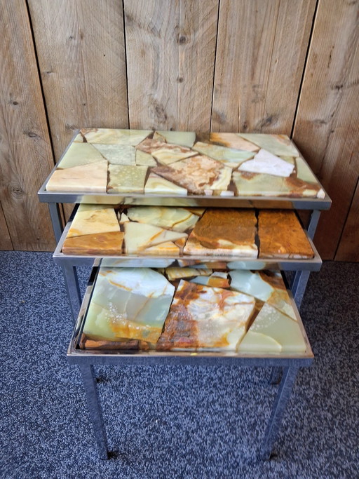Vintage Onyx Marble nesting tables, Mimiset with Chrome Frame (1960s/1970s)