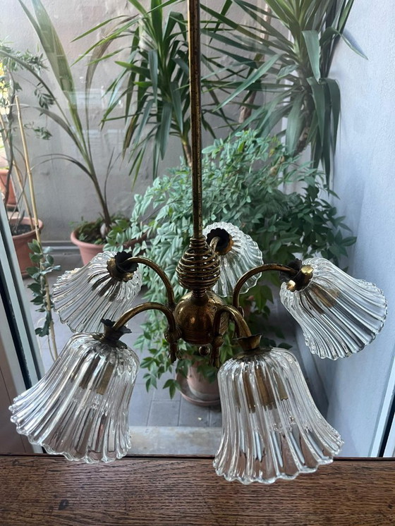 Image 1 of Lámpara de araña de 5 luces en cristal de Murano y latón