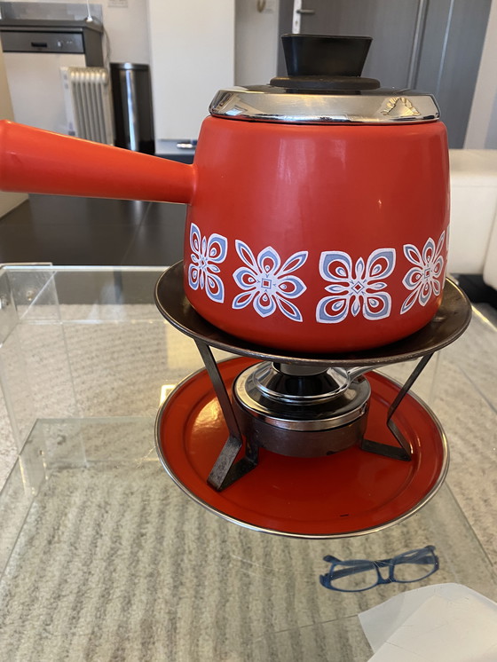 Image 1 of Vintage geëmailleerd metalen fonduestel uit de jaren 70