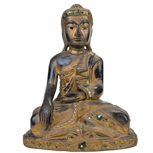 Burmese Gilded Wooden Buddha with Glass Inlay – Mandalay Style Myanmar