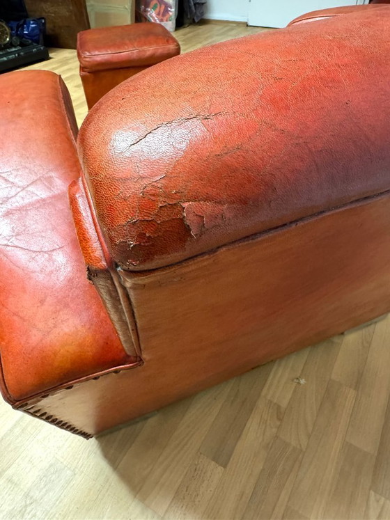 Image 1 of Brocantique Jacques Adnet Art Deco Set: Leren bank, fauteuil en poef