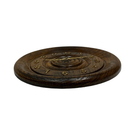 Image 1 of Vintage round oak wall clock carved turned wood retro Germany 1980s.