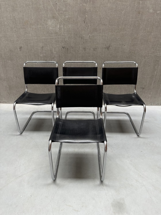 Image 1 of 4x Mart Stam S33 Stühle, FASEM Chrom und Sattelleder, Italien '70