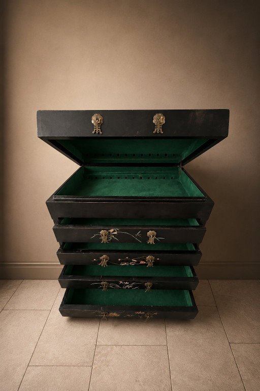 Mueble bar/dormitorio nupcial chino antiguo – Lacado en negro con relieve de nácar y esteatita.