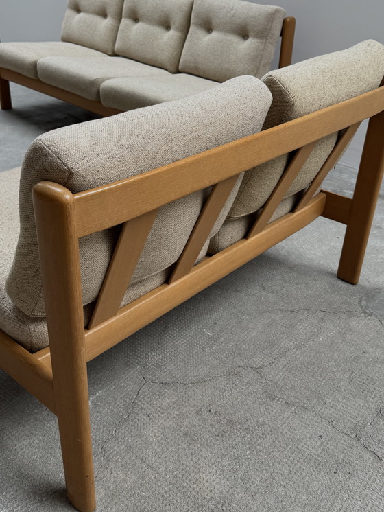 Image 1 of Wilhelm Knoll seating group 3-seater + 2-seater + armchair solid ash wood fabric cream-colored, Germany 1970s