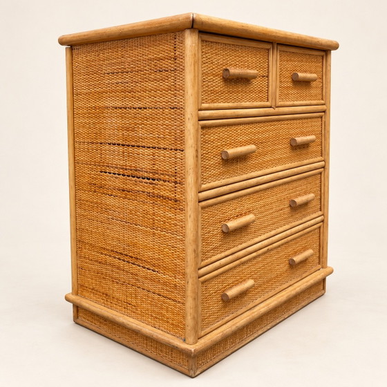 Vintage Woven Rattan Cane Chest of Drawers with Five Drawers - Bohemian Style, Brown (photo 5 of 9)