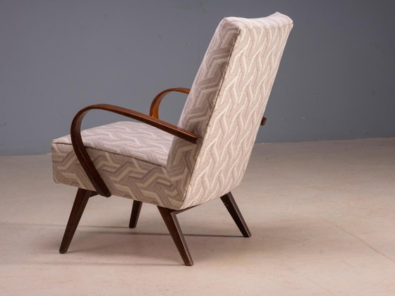 Restored Bentwood Armchairs by Jaroslav Šmídek, Pair, Czechoslovakia, New Beige Patterned Upholstery, 61 × (photo 5 of 12)