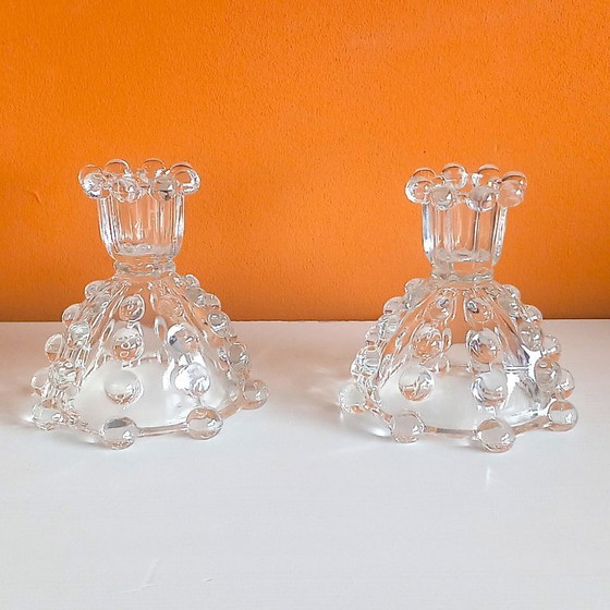 Image 1 of Vintage (1960-1970) Set van 2 Mid-Century glazen kandelaars – brutalistisch lensdesign – Tsjechisch persglas 