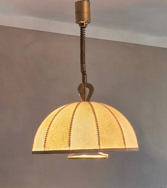 Image 1 of Large Leather, Vellum and Brass Cocoon Chandelier, Italy 1950s
