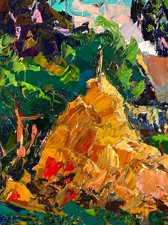 Image 1 of Original Oil Painting Rural Landscape Village The Goat in the Courtyard