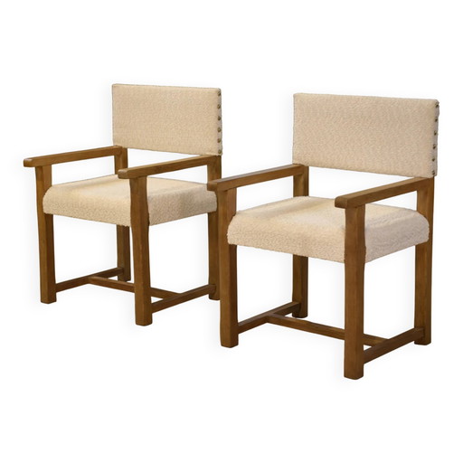 Pair of brutalist armchairs in oak and cream boucle 1950s