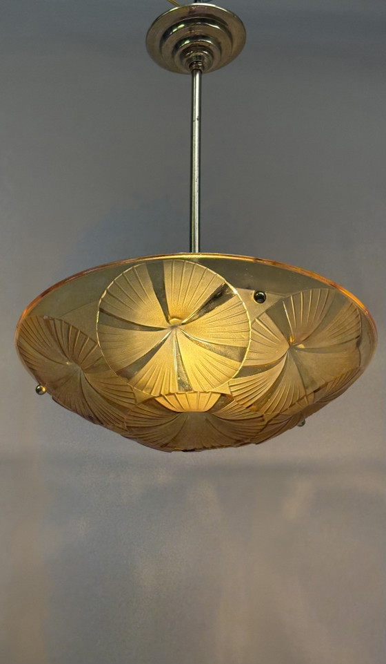Image 1 of Hubens & Degué ceiling lamp chandelier Art Deco amber colored glass