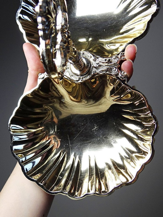 Image 1 of Antique double serving set in light gold-tone metal, vintage shell cup design, 1950s-1970s
