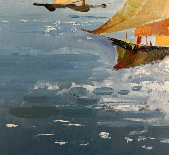 Image 1 of Original Oil Painting Evening Sea Landscape Sunset colors in the sea