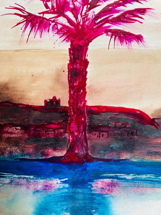 Image 1 of Acuarela firmada de un paisaje egipcio "Crepúsculo en el Nilo"