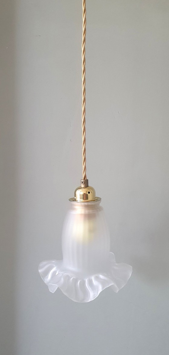 Image 1 of Antike Glas-Hängelampe. Blumenförmiges Design aus mattiertem Glas.