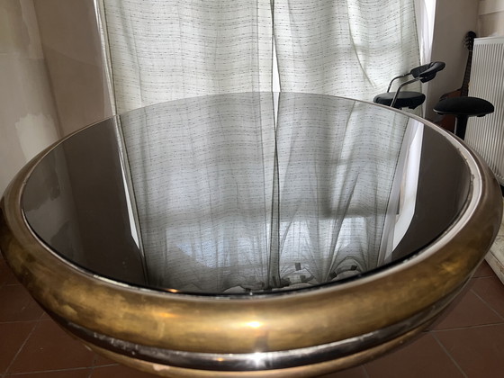 Image 1 of Exclusieve vintage eettafel - gerookt glas en messing, jaren 1970